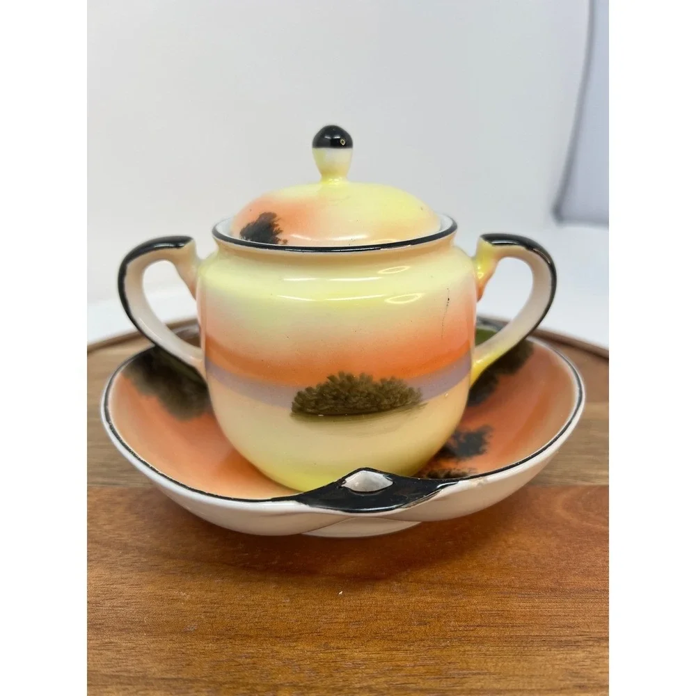 Vintage Hand‎ Painted Sugar Bowl Creamer Set Landscape Scene